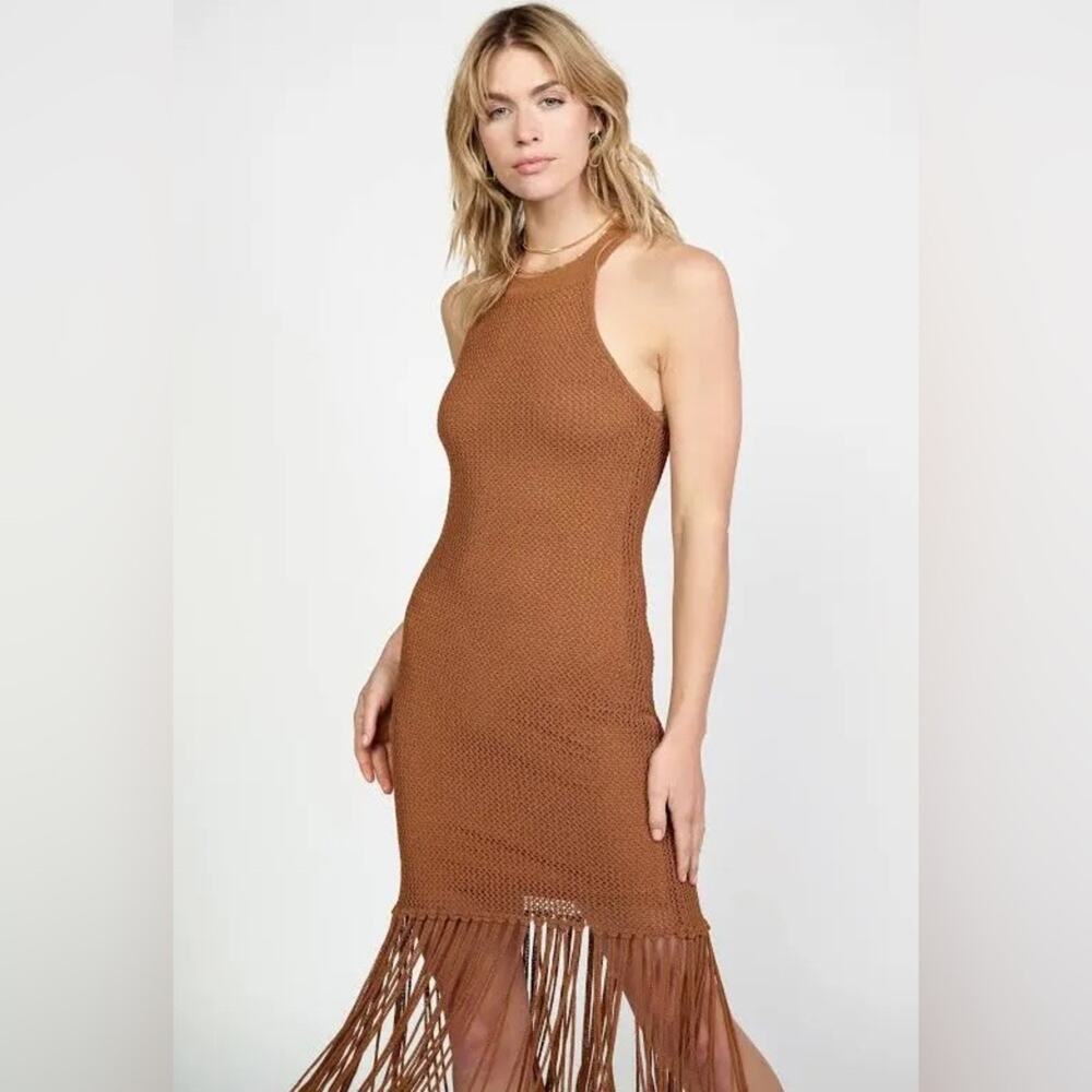 REVOLVE Current Air Crochet Fringe Halter Dress in baked terracotta size medium
